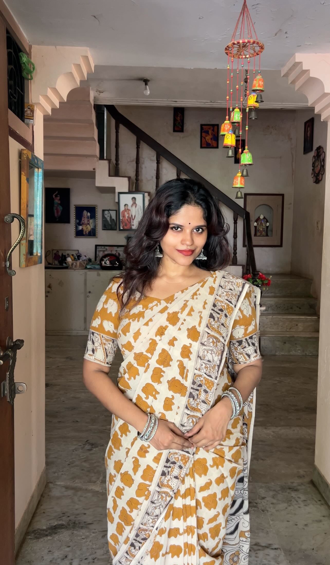 Kalamkari Cotton Sarees- Small Elephant