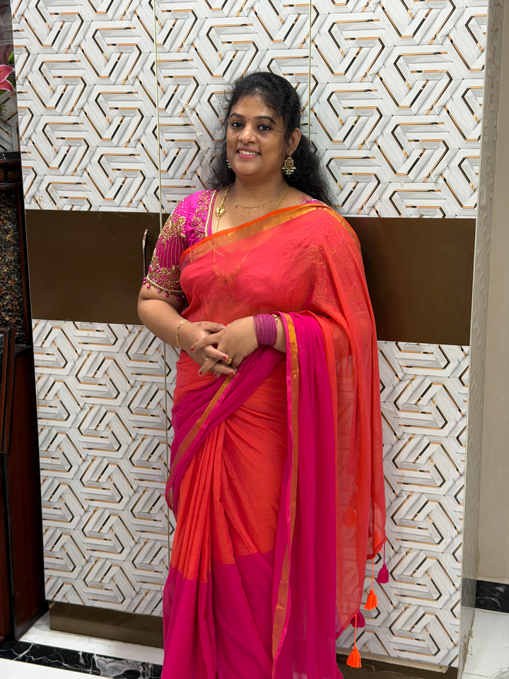 Orange & Pink Mul Cotton Saree