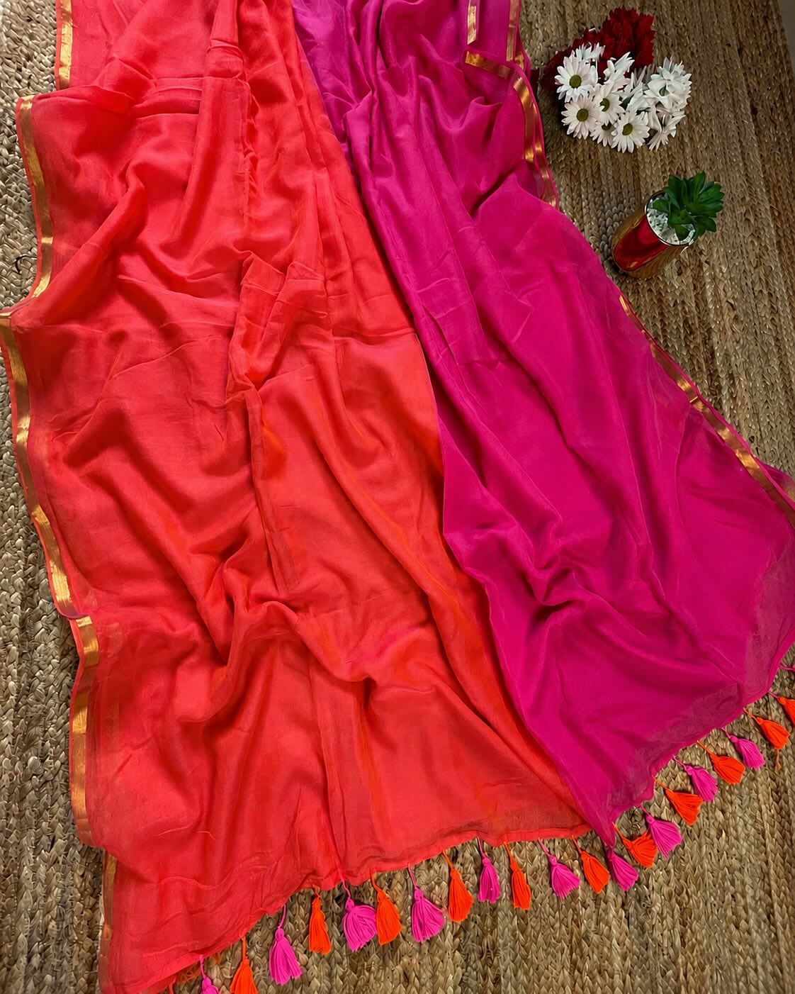 Orange & Pink Mul Cotton Saree