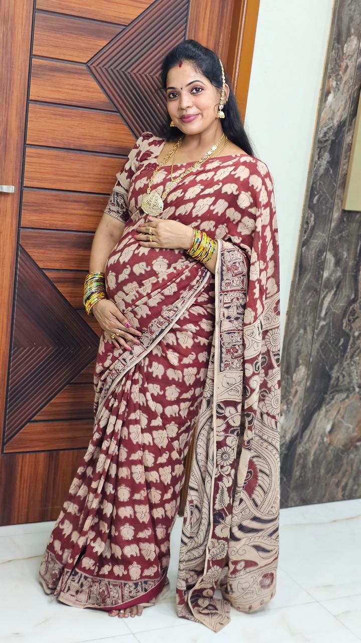 Kalamkari Cotton Sarees- Small Elephant